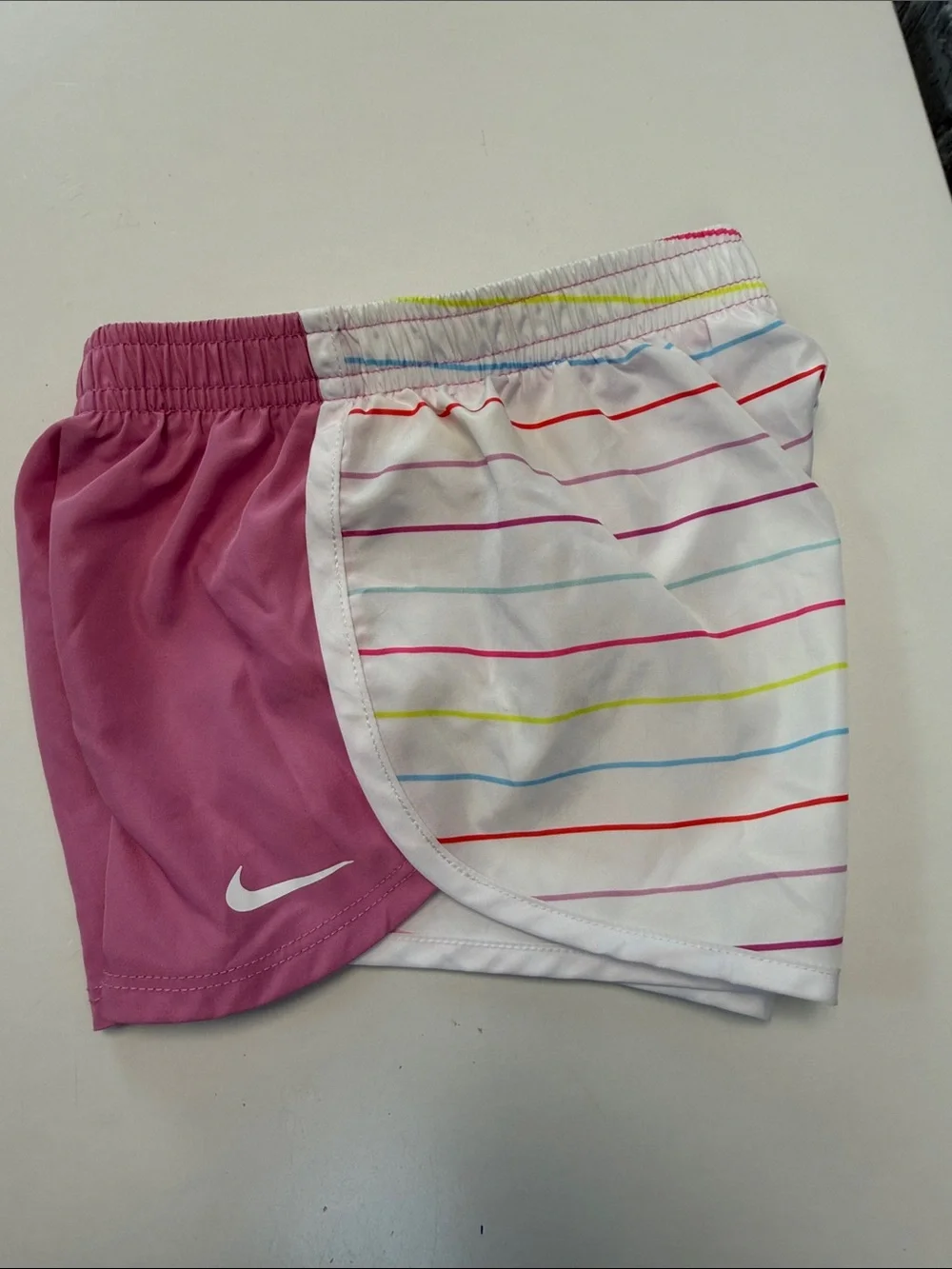 Nike Girls Pink & White Striped Shorts with Rainbow Lines